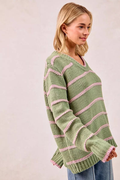 BiBi Striped Long Sleeve Sweater - Bitsy Gypsy Boutique