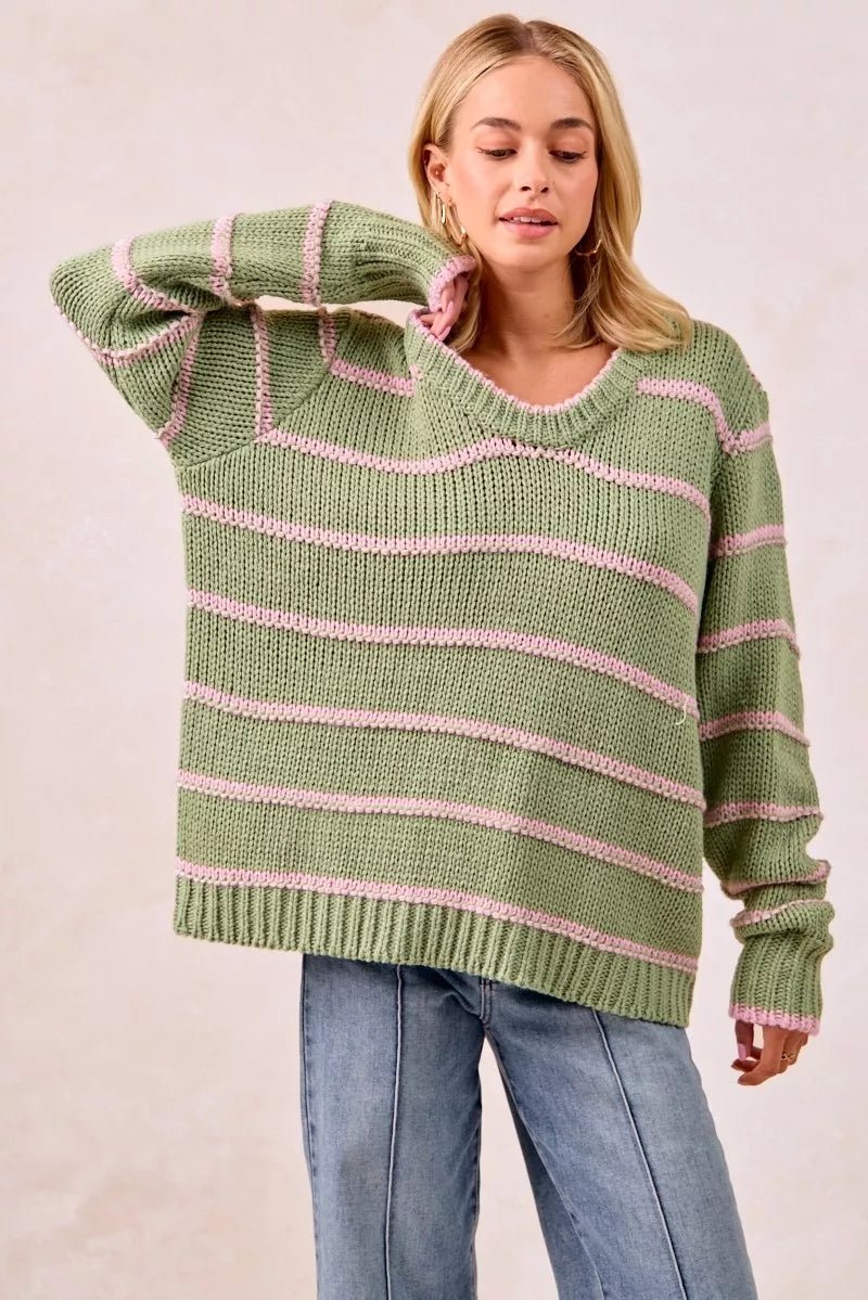 BiBi Striped Long Sleeve Sweater - Bitsy Gypsy Boutique