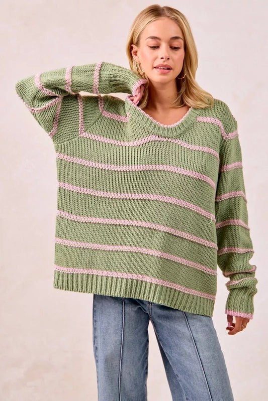 BiBi Striped Long Sleeve Sweater - Bitsy Gypsy Boutique