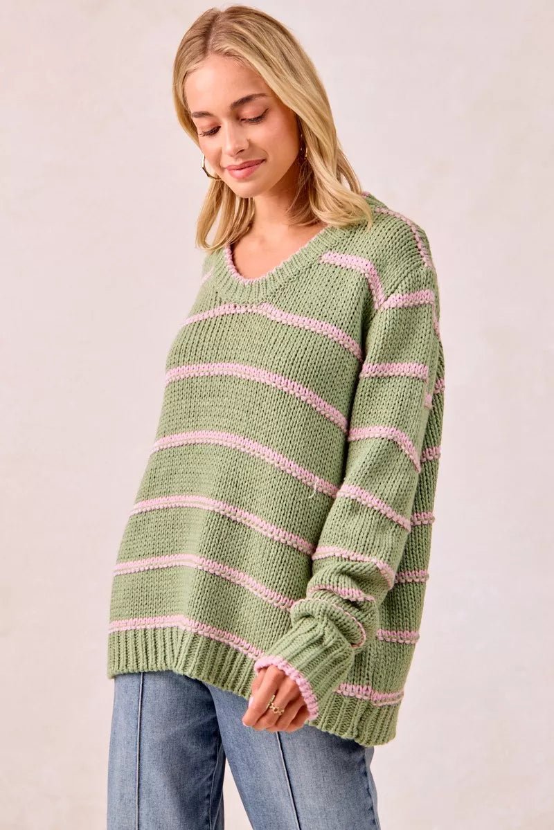 BiBi Striped Long Sleeve Sweater - Bitsy Gypsy Boutique