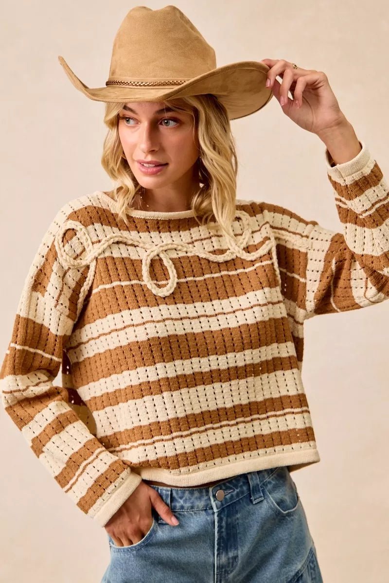 BiBi Striped Open Knit Sweater Top with Front Braided Detail - Bitsy Gypsy Boutique
