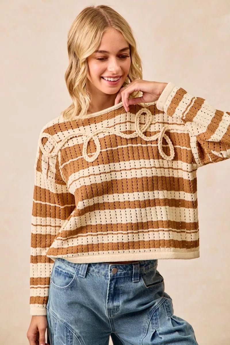 BiBi Striped Open Knit Sweater Top with Front Braided Detail - Bitsy Gypsy Boutique