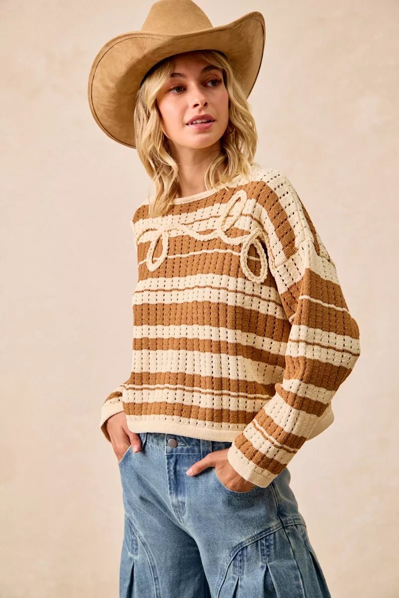 BiBi Striped Open Knit Sweater Top with Front Braided Detail - Bitsy Gypsy Boutique