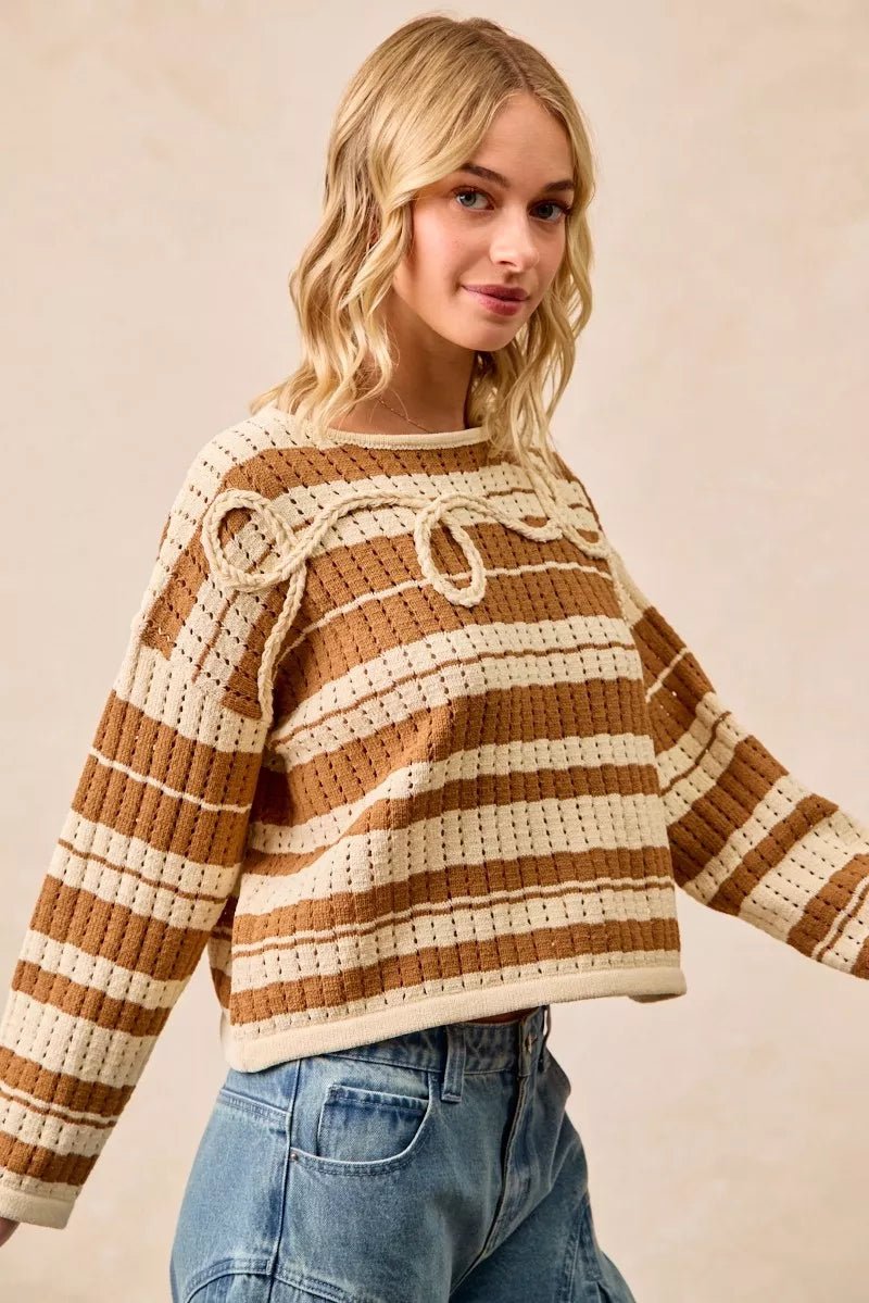 BiBi Striped Open Knit Sweater Top with Front Braided Detail - Bitsy Gypsy Boutique