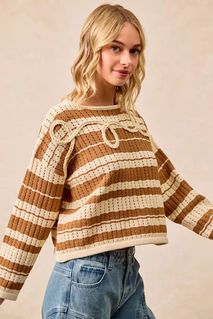 BiBi Striped Open Knit Sweater Top with Front Braided Detail - Bitsy Gypsy Boutique