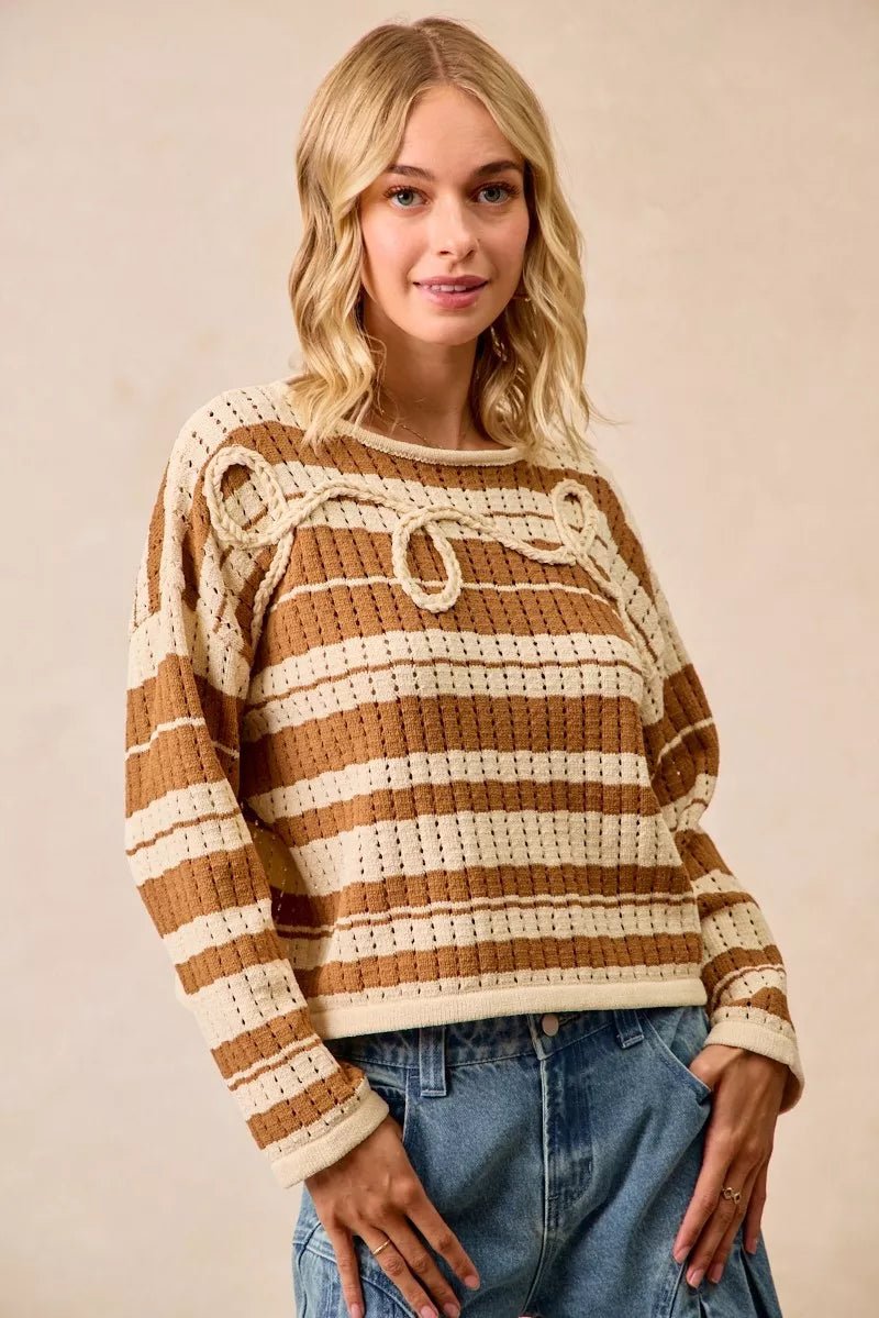 BiBi Striped Open Knit Sweater Top with Front Braided Detail - Bitsy Gypsy Boutique