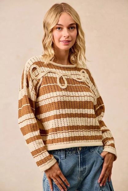 BiBi Striped Open Knit Sweater Top with Front Braided Detail - Bitsy Gypsy Boutique