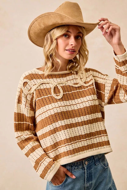 BiBi Striped Open Knit Sweater Top with Front Braided Detail - Bitsy Gypsy Boutique