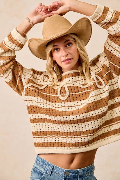 BiBi Striped Open Knit Sweater Top with Front Braided Detail - Bitsy Gypsy Boutique