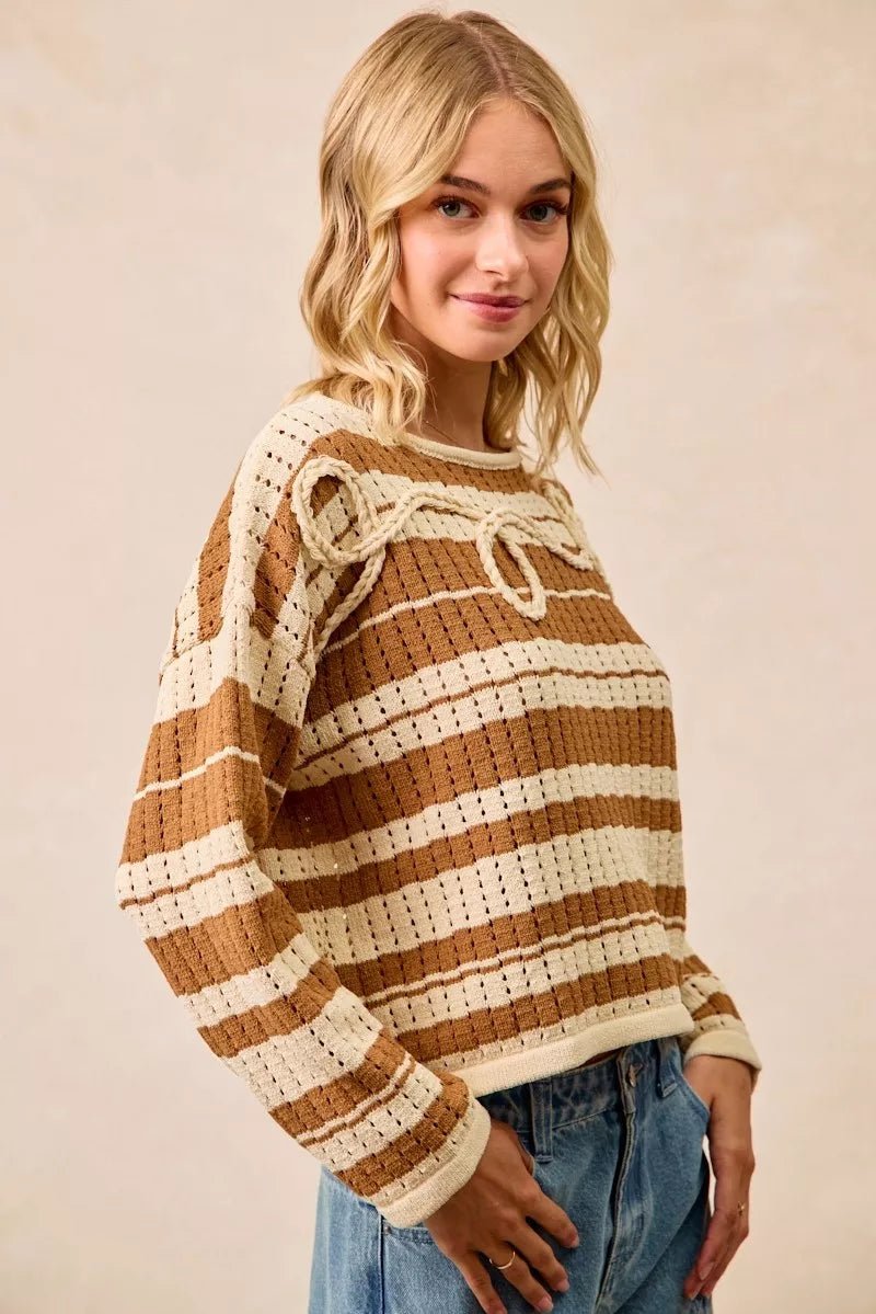 BiBi Striped Open Knit Sweater Top with Front Braided Detail - Bitsy Gypsy Boutique