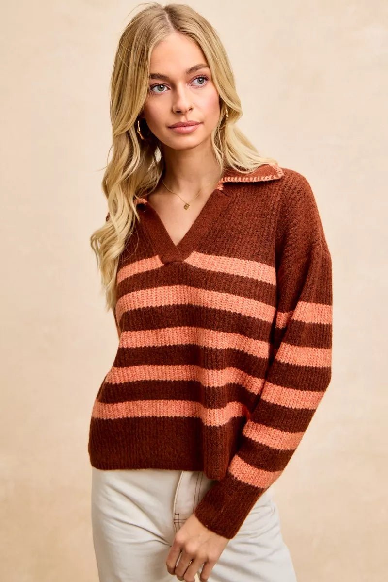 BiBi Striped Sweater Top with Collar Stitched Details - Bitsy Gypsy Boutique