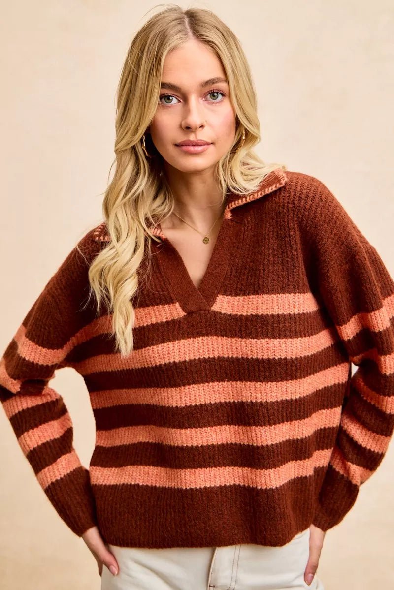 BiBi Striped Sweater Top with Collar Stitched Details - Bitsy Gypsy Boutique