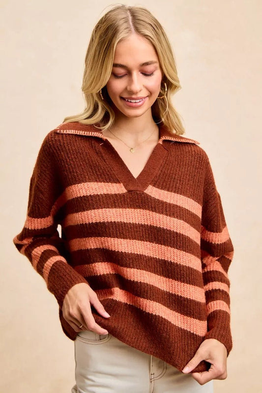BiBi Striped Sweater Top with Collar Stitched Details - Bitsy Gypsy Boutique