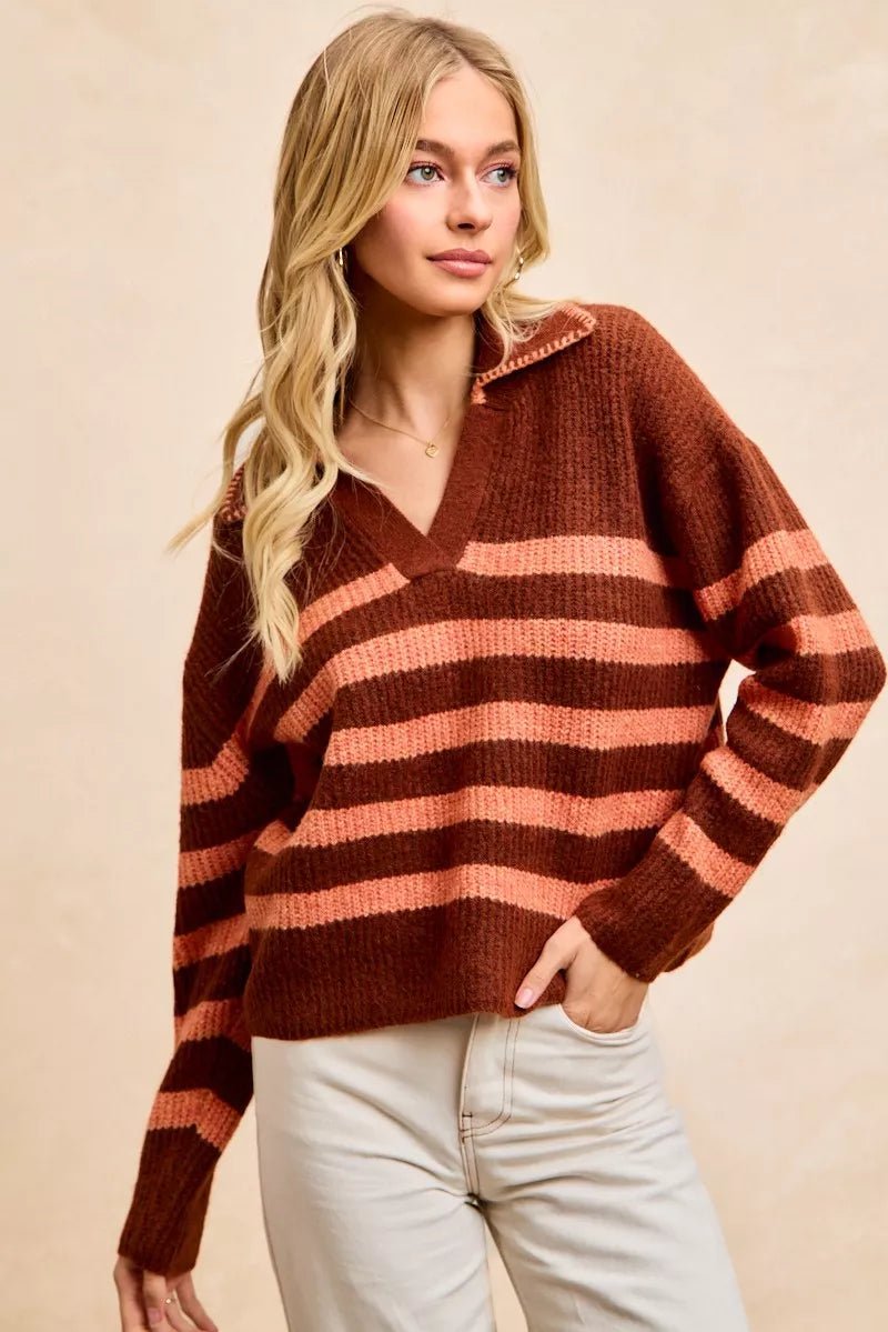 BiBi Striped Sweater Top with Collar Stitched Details - Bitsy Gypsy Boutique