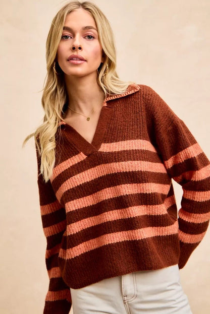 BiBi Striped Sweater Top with Collar Stitched Details - Bitsy Gypsy Boutique