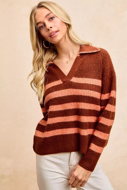 BiBi Striped Sweater Top with Collar Stitched Details - Bitsy Gypsy Boutique