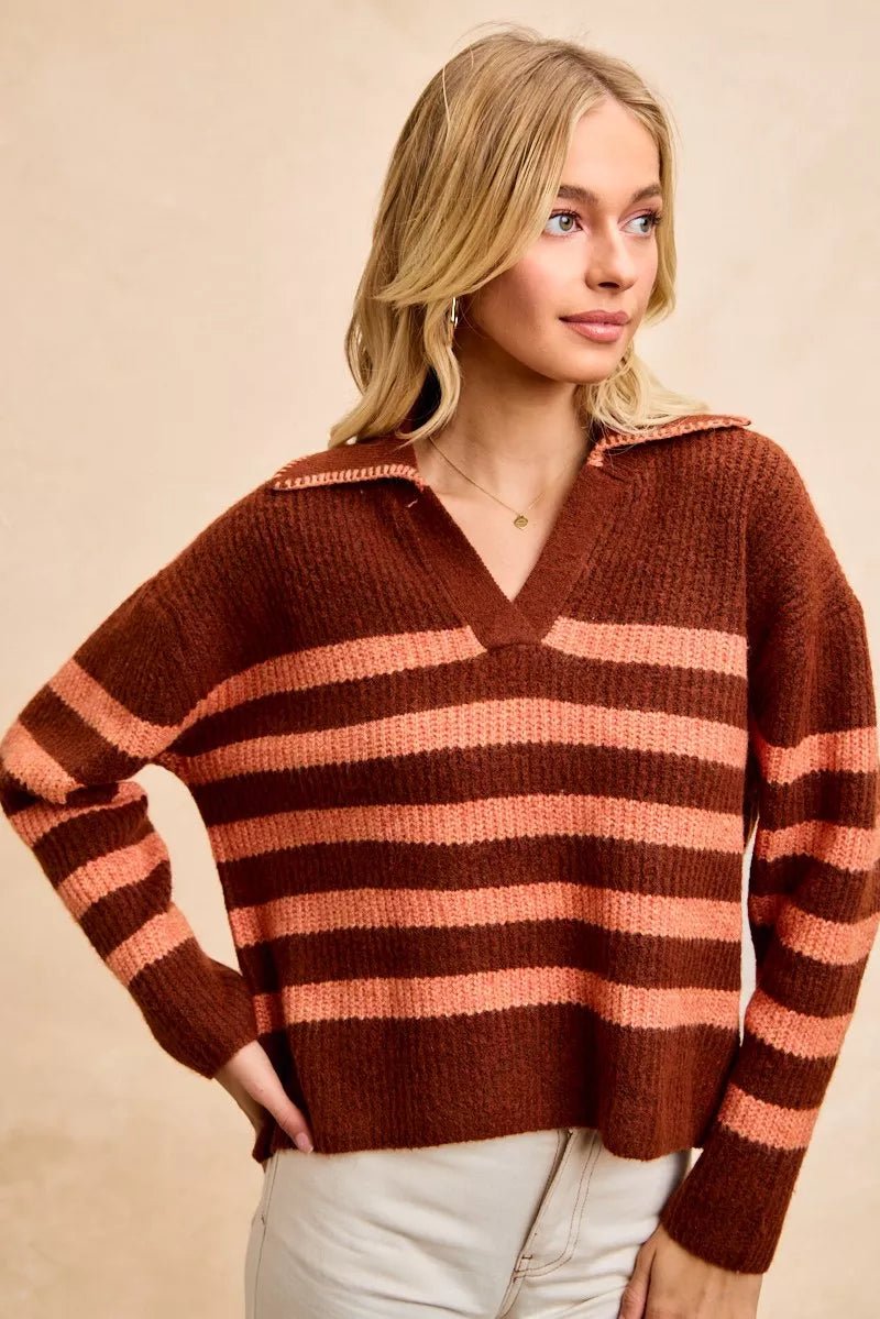 BiBi Striped Sweater Top with Collar Stitched Details - Bitsy Gypsy Boutique