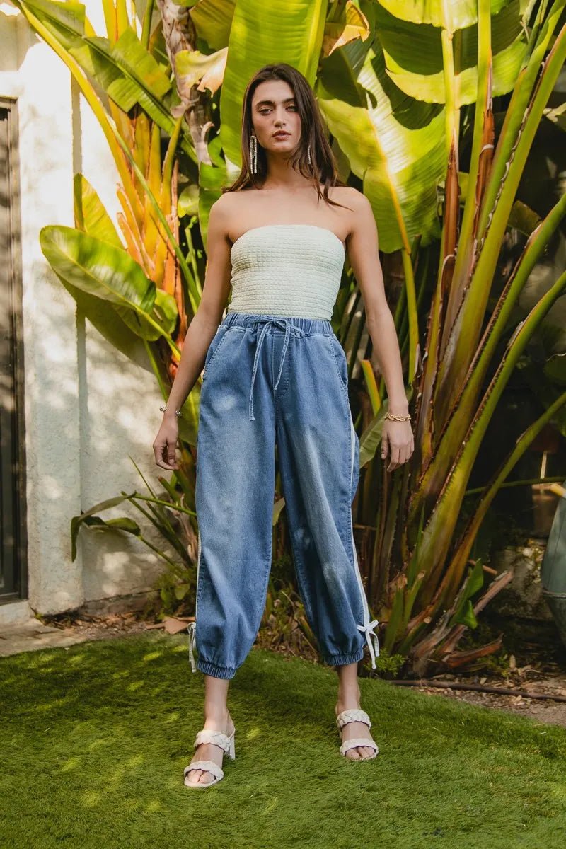BiBi Striped Tape Details With Bot Tied Point Elastic Waist Jeans - Bitsy Gypsy Boutique