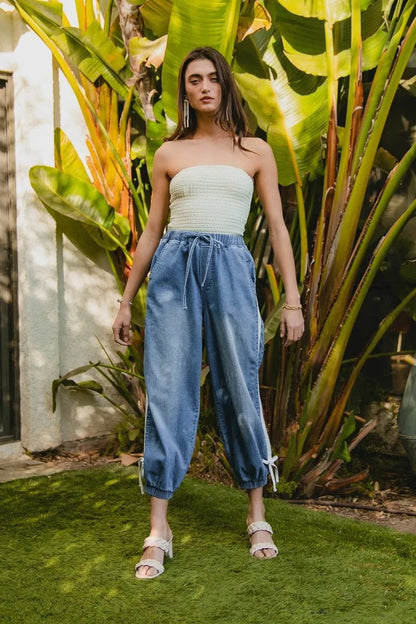 BiBi Striped Tape Details With Bot Tied Point Elastic Waist Jeans - Bitsy Gypsy Boutique