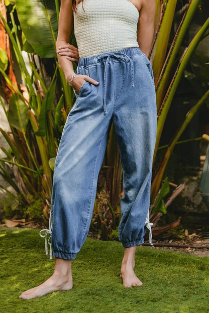 BiBi Striped Tape Details With Bot Tied Point Elastic Waist Jeans - Bitsy Gypsy Boutique