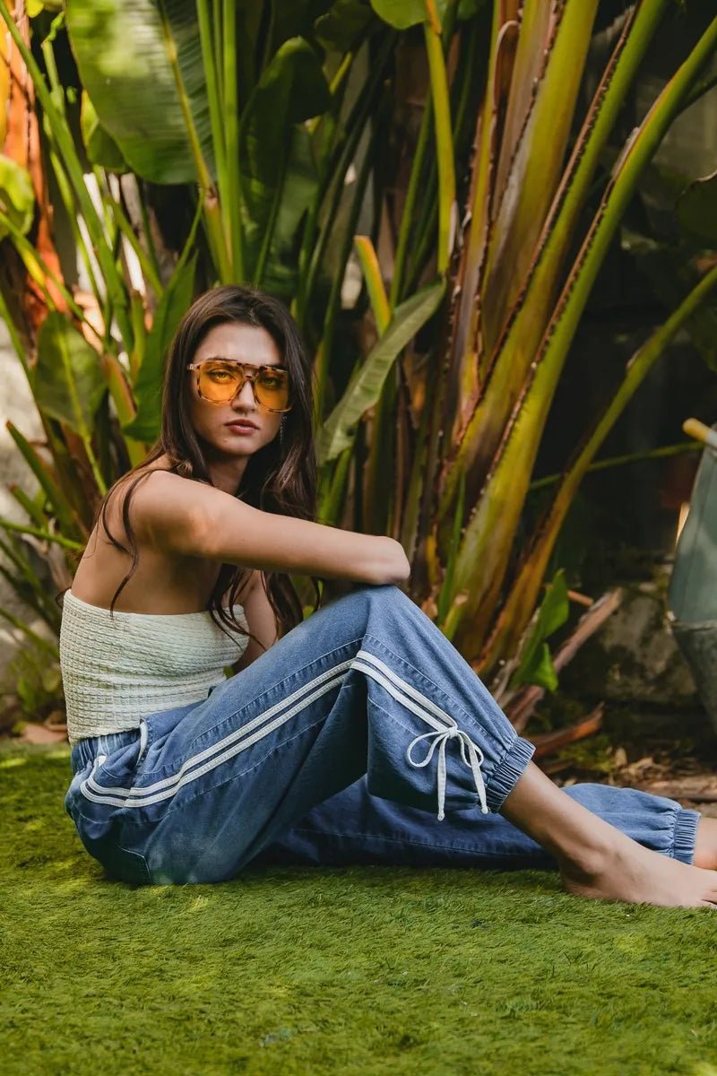 BiBi Striped Tape Details With Bot Tied Point Elastic Waist Jeans - Bitsy Gypsy Boutique