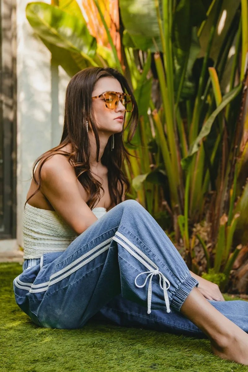 BiBi Striped Tape Details With Bot Tied Point Elastic Waist Jeans - Bitsy Gypsy Boutique