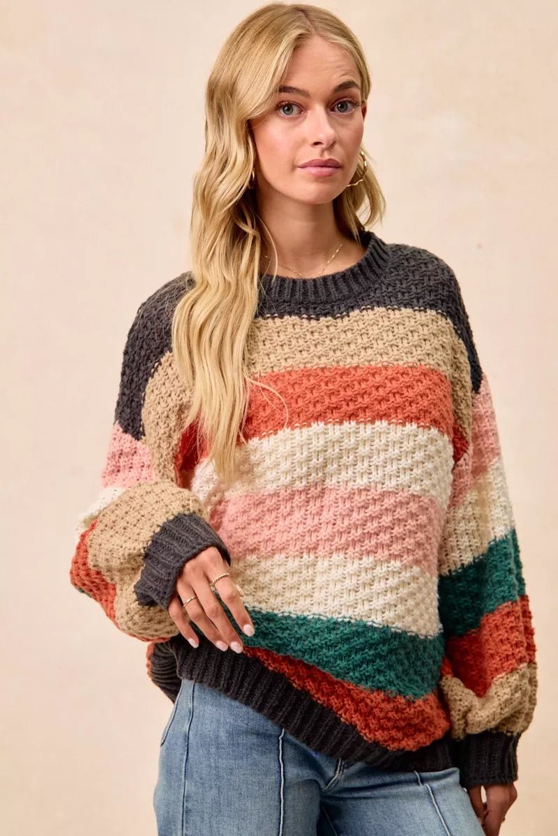 BiBi Stripes Color Block Chunky Sweater - Bitsy Gypsy Boutique