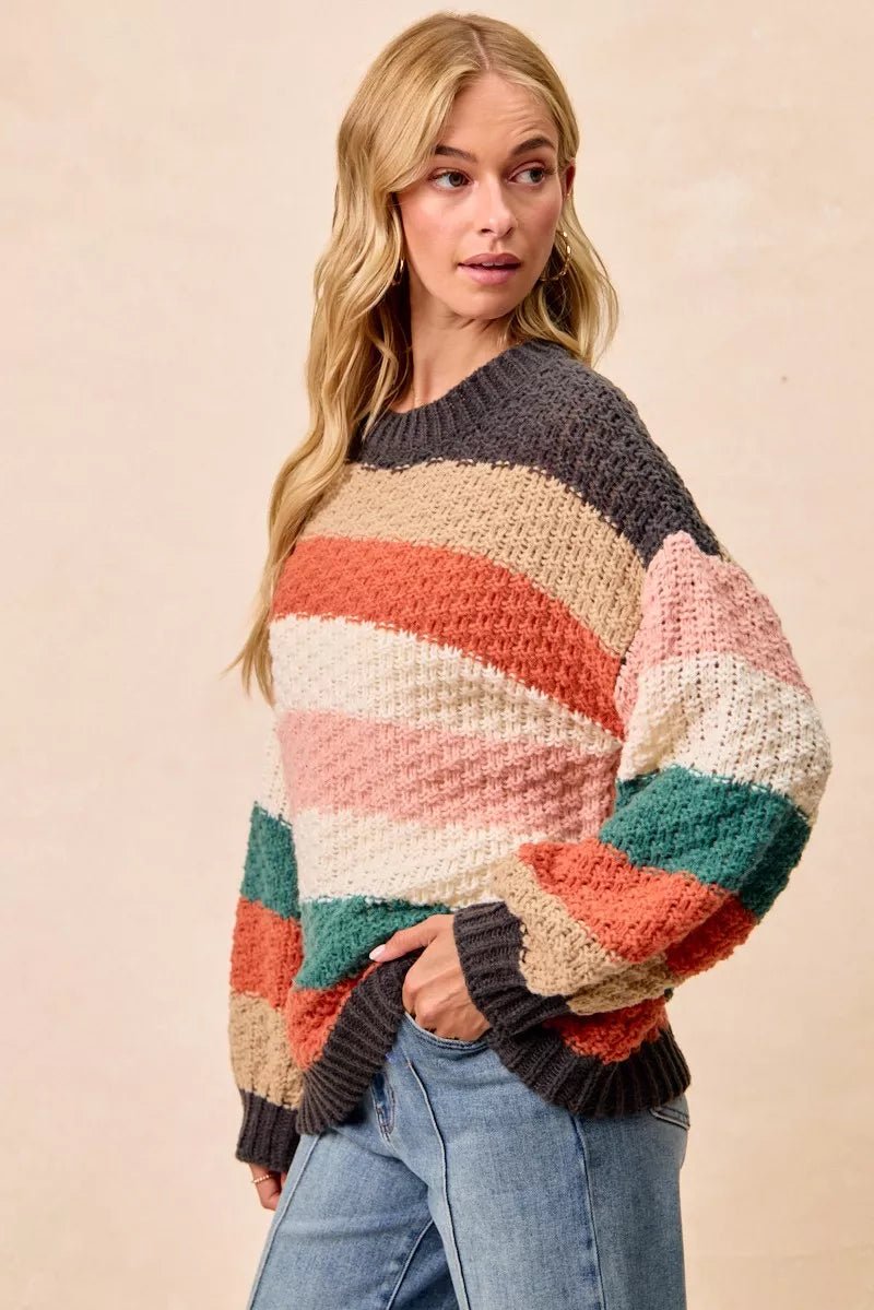 BiBi Stripes Color Block Chunky Sweater - Bitsy Gypsy Boutique