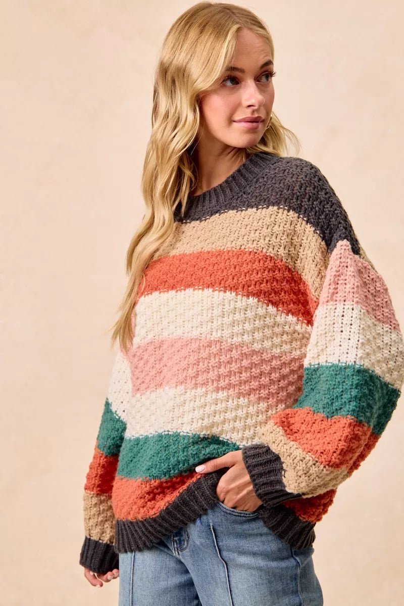 BiBi Stripes Color Block Chunky Sweater - Bitsy Gypsy Boutique