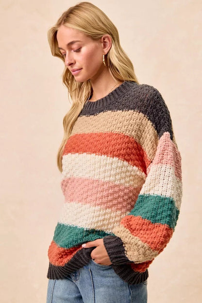 BiBi Stripes Color Block Chunky Sweater - Bitsy Gypsy Boutique