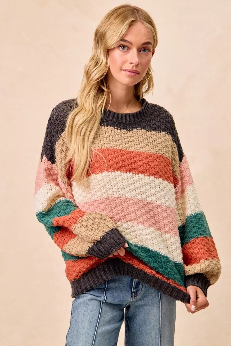 BiBi Stripes Color Block Chunky Sweater - Bitsy Gypsy Boutique