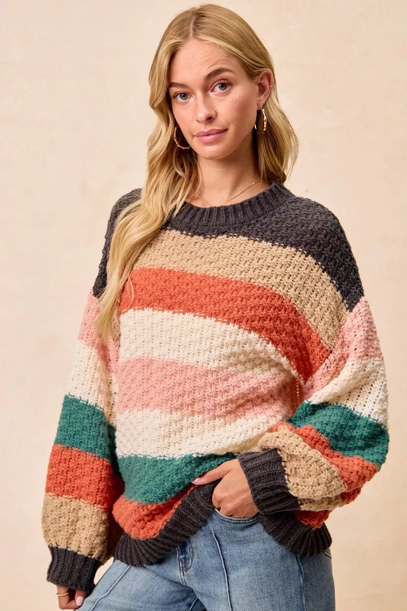 BiBi Stripes Color Block Chunky Sweater - Bitsy Gypsy Boutique