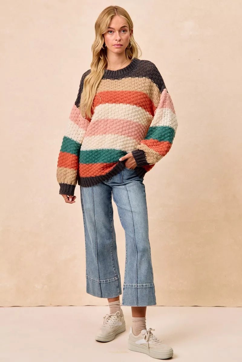 BiBi Stripes Color Block Chunky Sweater - Bitsy Gypsy Boutique