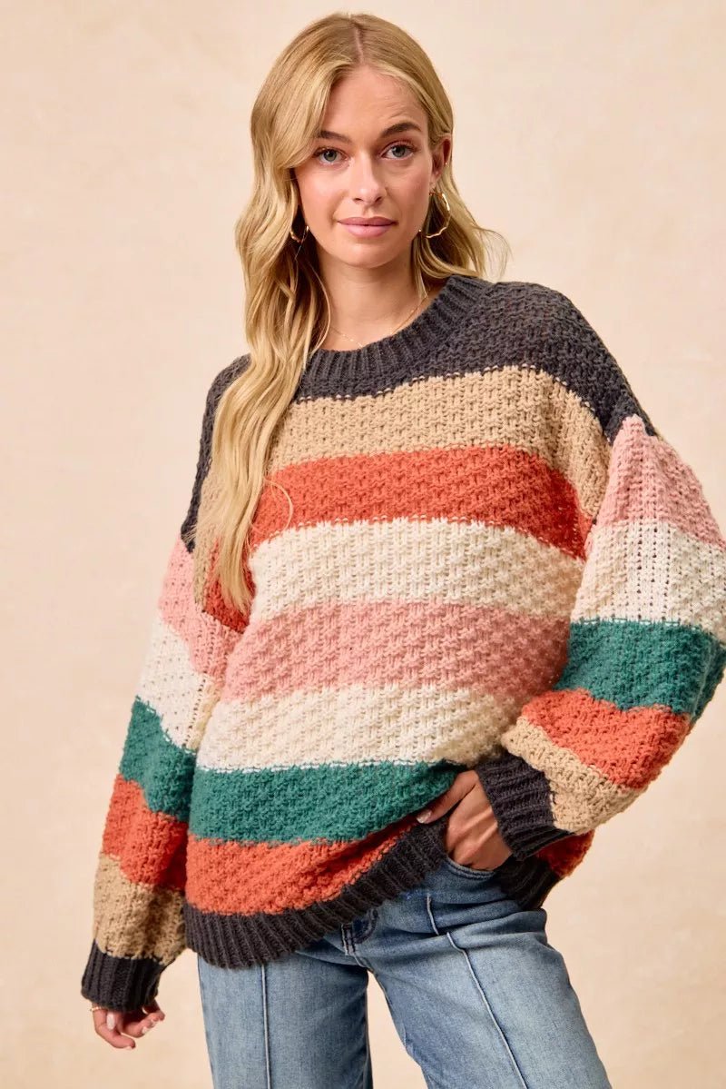 BiBi Stripes Color Block Chunky Sweater - Bitsy Gypsy Boutique