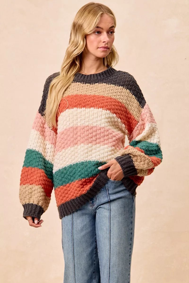 BiBi Stripes Color Block Chunky Sweater - Bitsy Gypsy Boutique