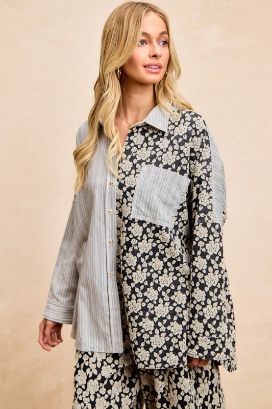 BiBi Stripes Jacquard Floral Mix And Match Shirt Top - Bitsy Gypsy Boutique