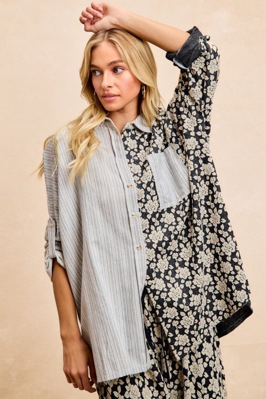 BiBi Stripes Jacquard Floral Mix And Match Shirt Top - Bitsy Gypsy Boutique