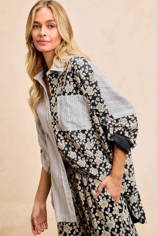 BiBi Stripes Jacquard Floral Mix And Match Shirt Top - Bitsy Gypsy Boutique