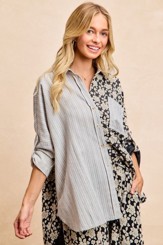 BiBi Stripes Jacquard Floral Mix And Match Shirt Top - Bitsy Gypsy Boutique