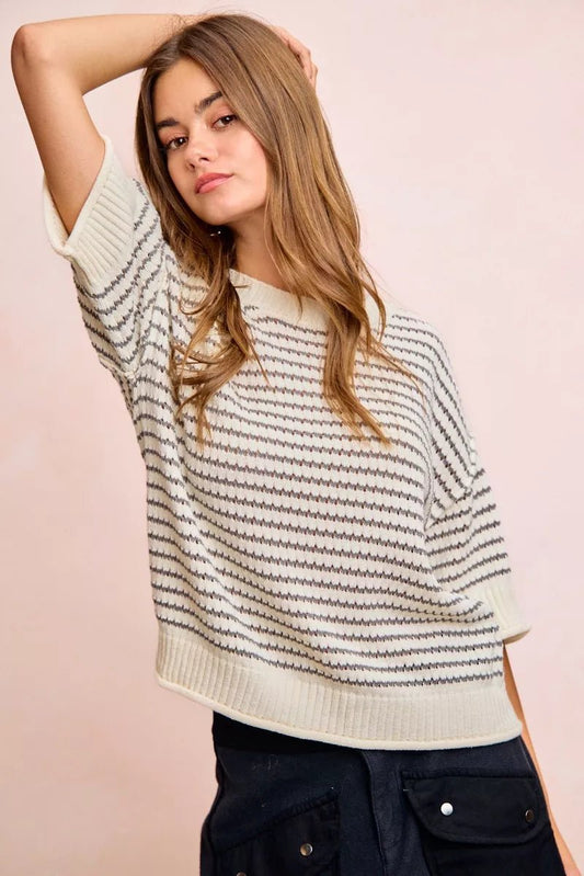 BiBi Stripes Short Sleeves Rib Banded Outseam Knit Top - Bitsy Gypsy Boutique