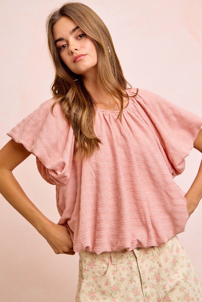 BiBi Stripes Textured Shirred Neckline Bubble Hem Top - Bitsy Gypsy Boutique