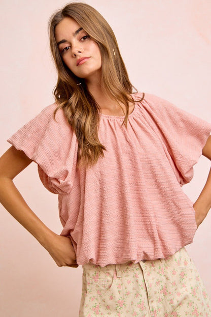 BiBi Stripes Textured Shirred Neckline Bubble Hem Top - Bitsy Gypsy Boutique