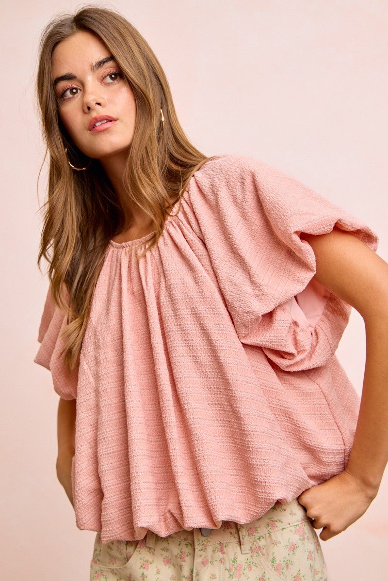 BiBi Stripes Textured Shirred Neckline Bubble Hem Top - Bitsy Gypsy Boutique