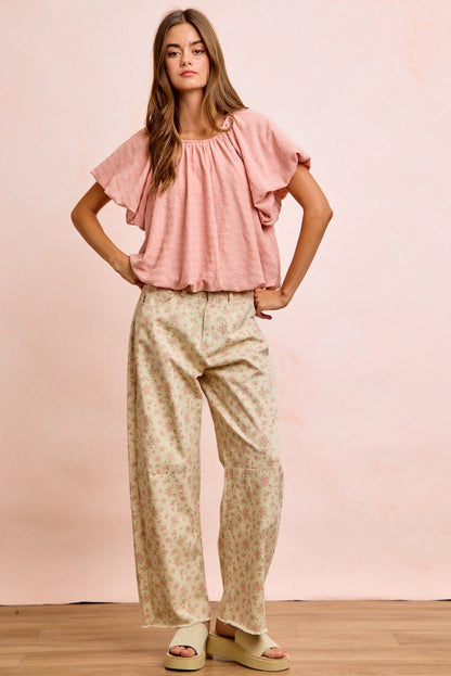 BiBi Stripes Textured Shirred Neckline Bubble Hem Top - Bitsy Gypsy Boutique