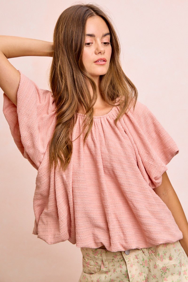 BiBi Stripes Textured Shirred Neckline Bubble Hem Top - Bitsy Gypsy Boutique