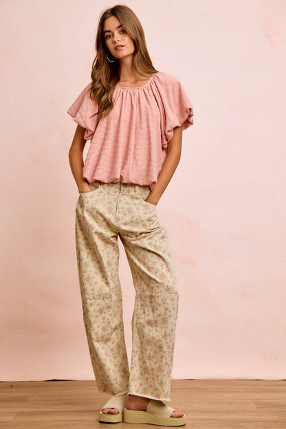BiBi Stripes Textured Shirred Neckline Bubble Hem Top - Bitsy Gypsy Boutique
