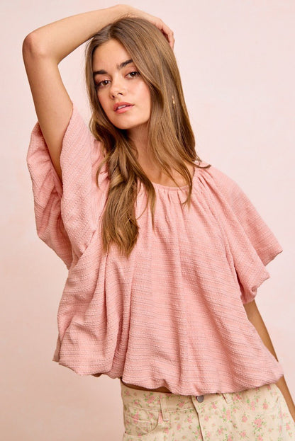 BiBi Stripes Textured Shirred Neckline Bubble Hem Top - Bitsy Gypsy Boutique