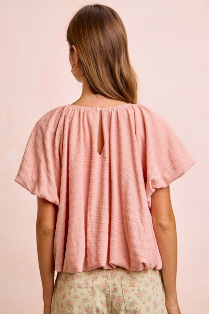 BiBi Stripes Textured Shirred Neckline Bubble Hem Top - Bitsy Gypsy Boutique