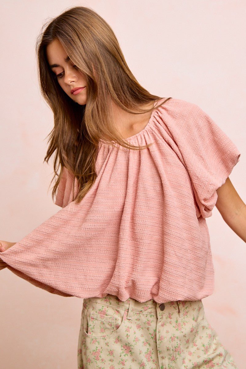 BiBi Stripes Textured Shirred Neckline Bubble Hem Top - Bitsy Gypsy Boutique