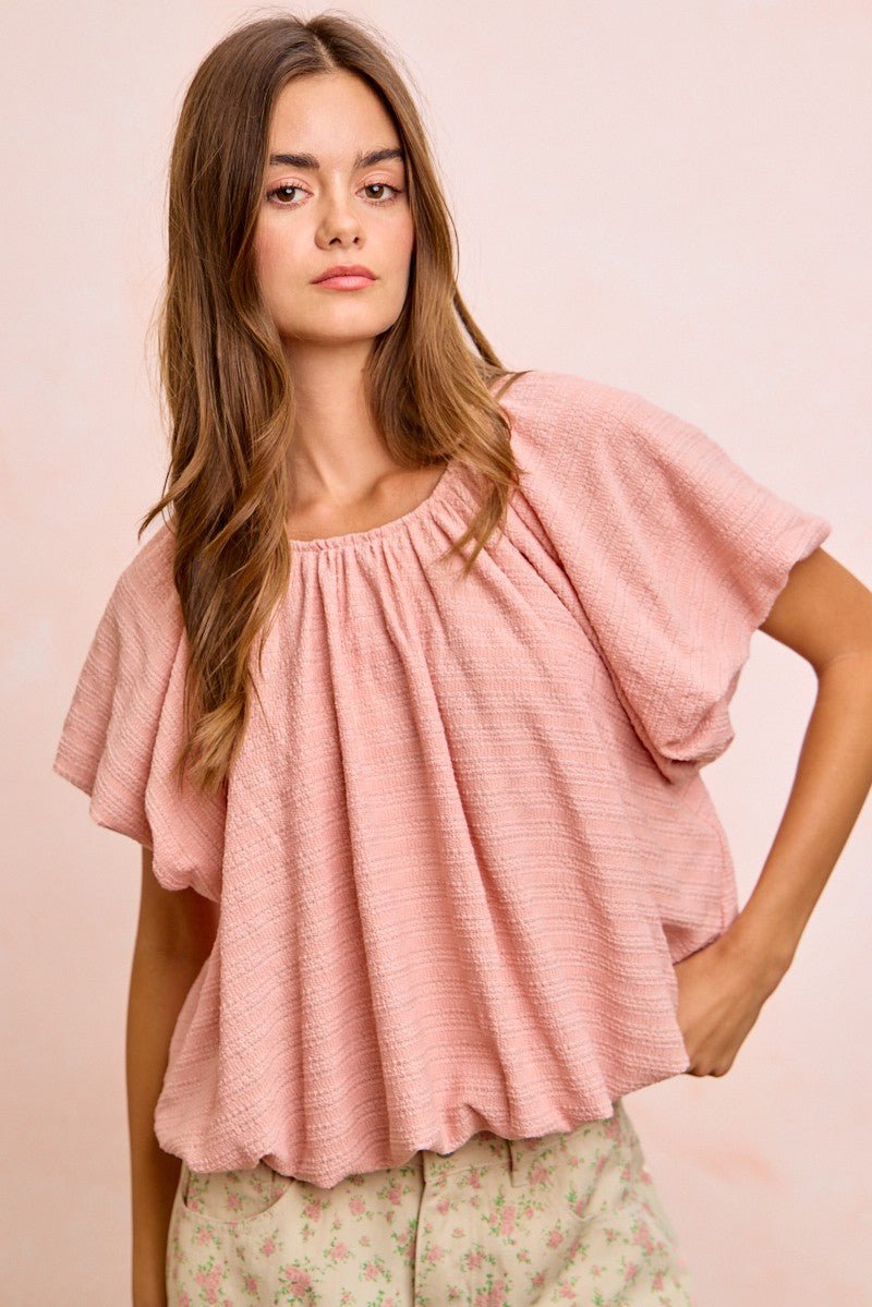BiBi Stripes Textured Shirred Neckline Bubble Hem Top - Bitsy Gypsy Boutique